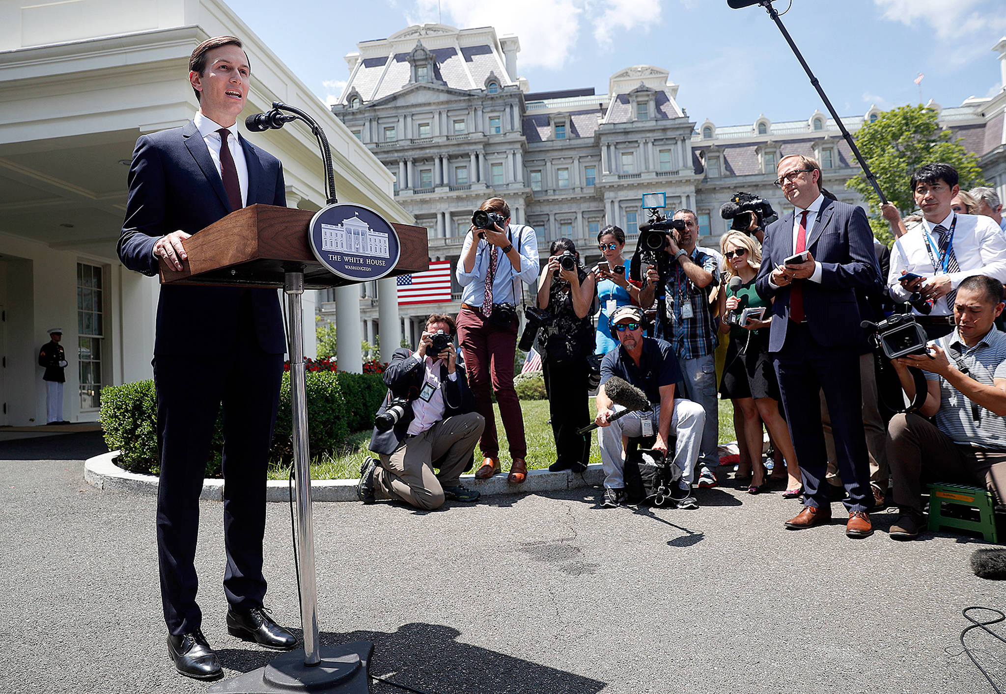 White House senior adviser Jared Kushner speaks to reporters outside the White House in Washington on Monday after meeting on Capitol Hill behind closed doors with the Senate Intelligence Committee. (AP Photo/Pablo Martinez Monsivais)