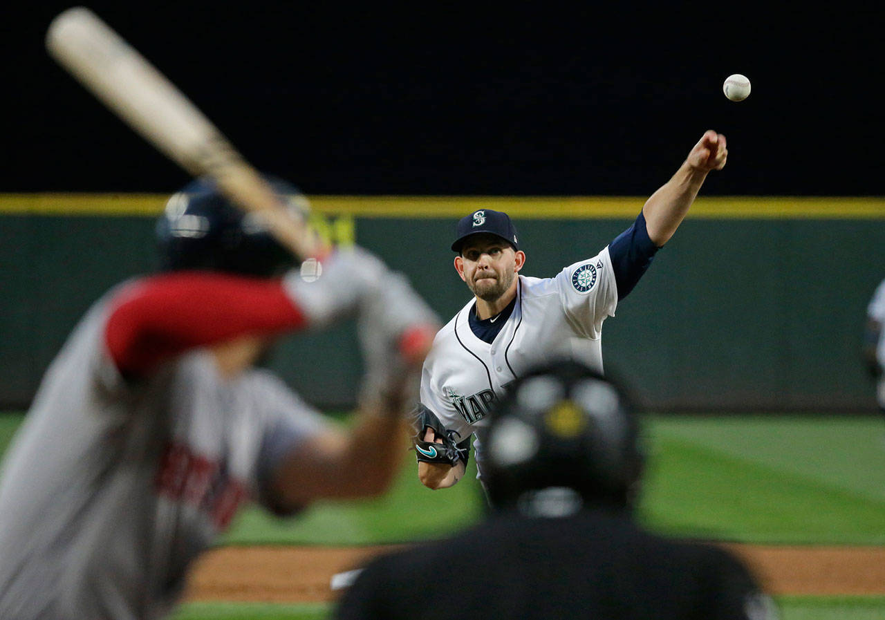 Mariners pitcher James Paxton pitches to the Red Sox’s Deven Marrero in the fifth inning of a game July 24, 2017, in Seattle. (AP Photo/Ted S. Warren)