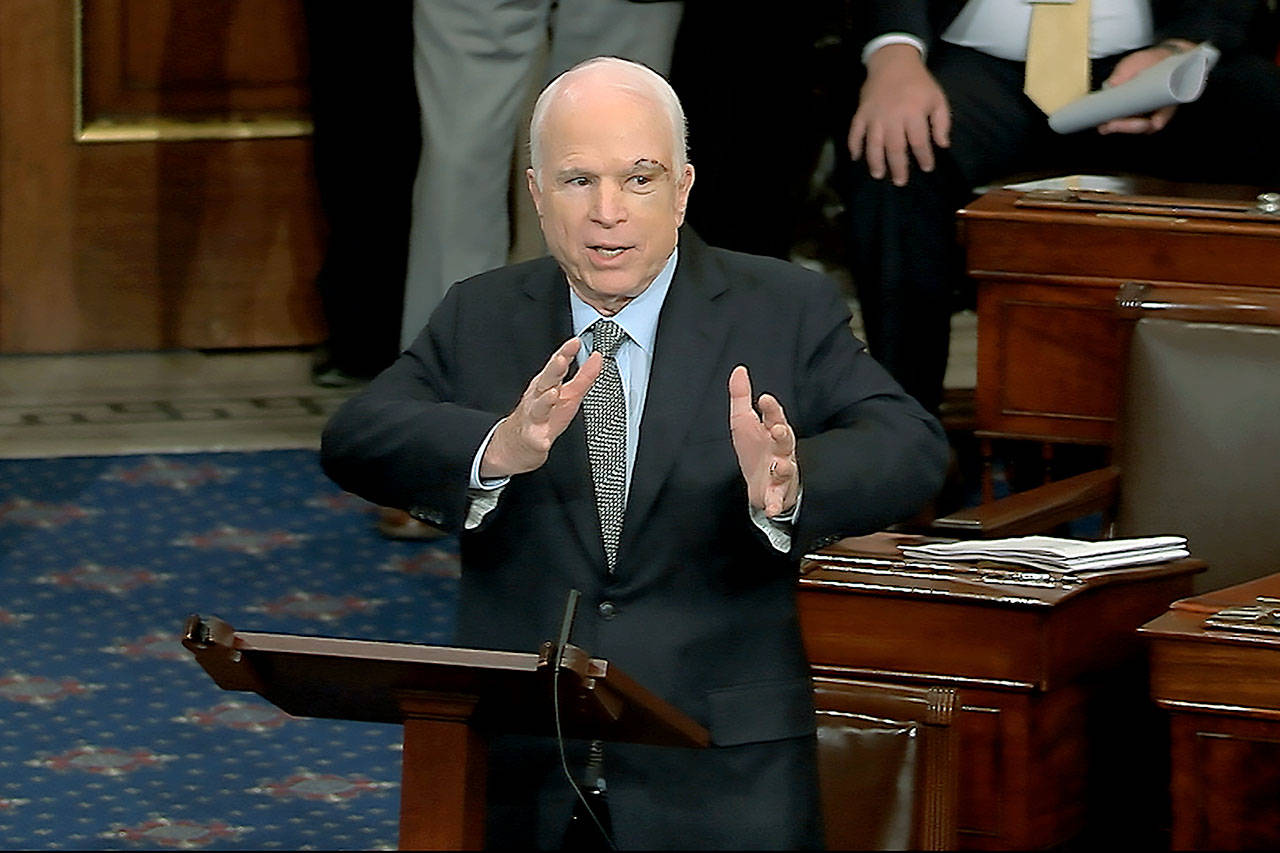 Sen. John McCain, R-Arizona, speaks on the floor of the Senate on Capitol Hill in Washington on Tuesday. (C-SPAN2 via AP)