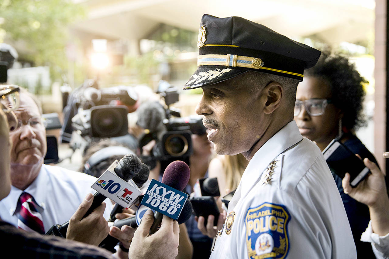Philadelphia Police Commissioner Richard Ross speaks with members of the media after Attorney General Jeff Sessions spoke at the U.S. Attorney’s Office in Philadelphia on Friday. Sessions on Friday told a roomful of federal prosecutors and law enforcement officials that cities like Philadelphia are “giving sanctuary” to criminals. (AP Photo/Matt Rourke)
