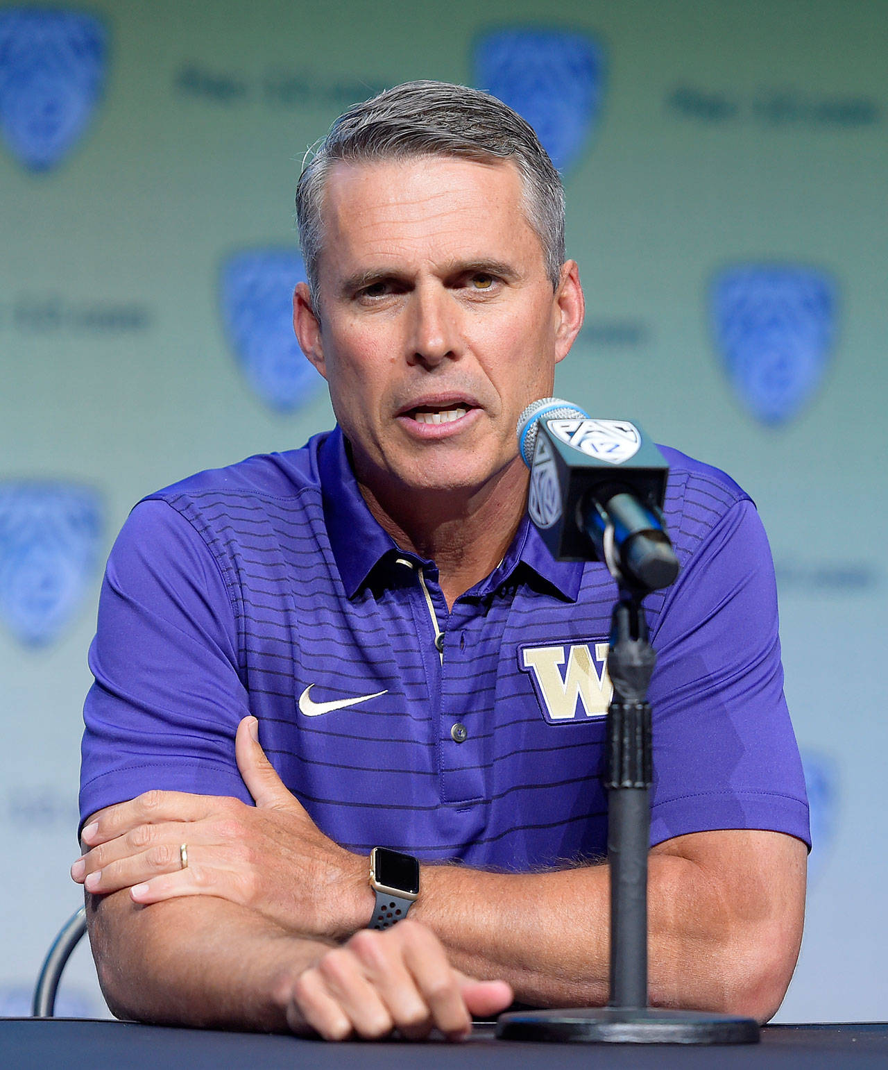 Washington head coach Chris Petersen speaks at Pac-12 media day on July 26, 2017, in Los Angeles. (AP Photo/Mark J. Terrill)