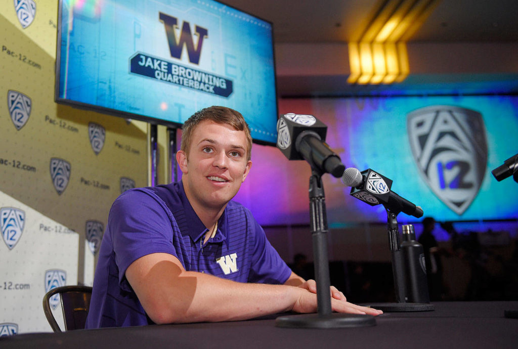 Washington quarterback Jake Browning speaks at Pac-12 media day on July 26, 2017, in Los Angeles. (AP Photo/Mark J. Terrill)
