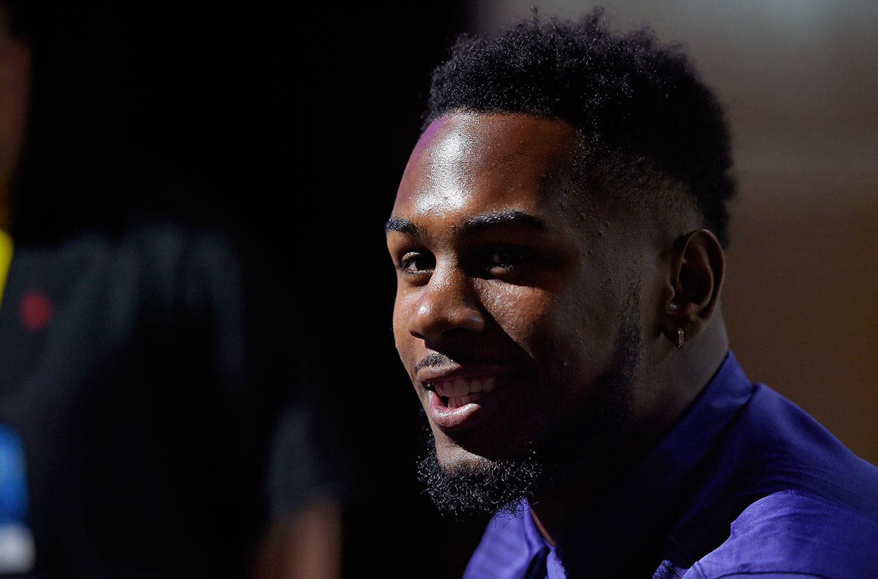 Washington’s Keishawn Bierria speaks at Pac-12 media day on July 26, 2017, in Los Angeles. (AP Photo/Mark J. Terrill)