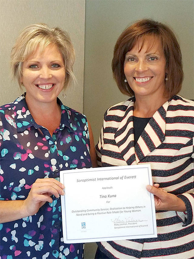 Soroptimist International of Everett presented Tina Kuna, cofounder of Dream Dinners, with a certificate of recognition. (Contributed photo)