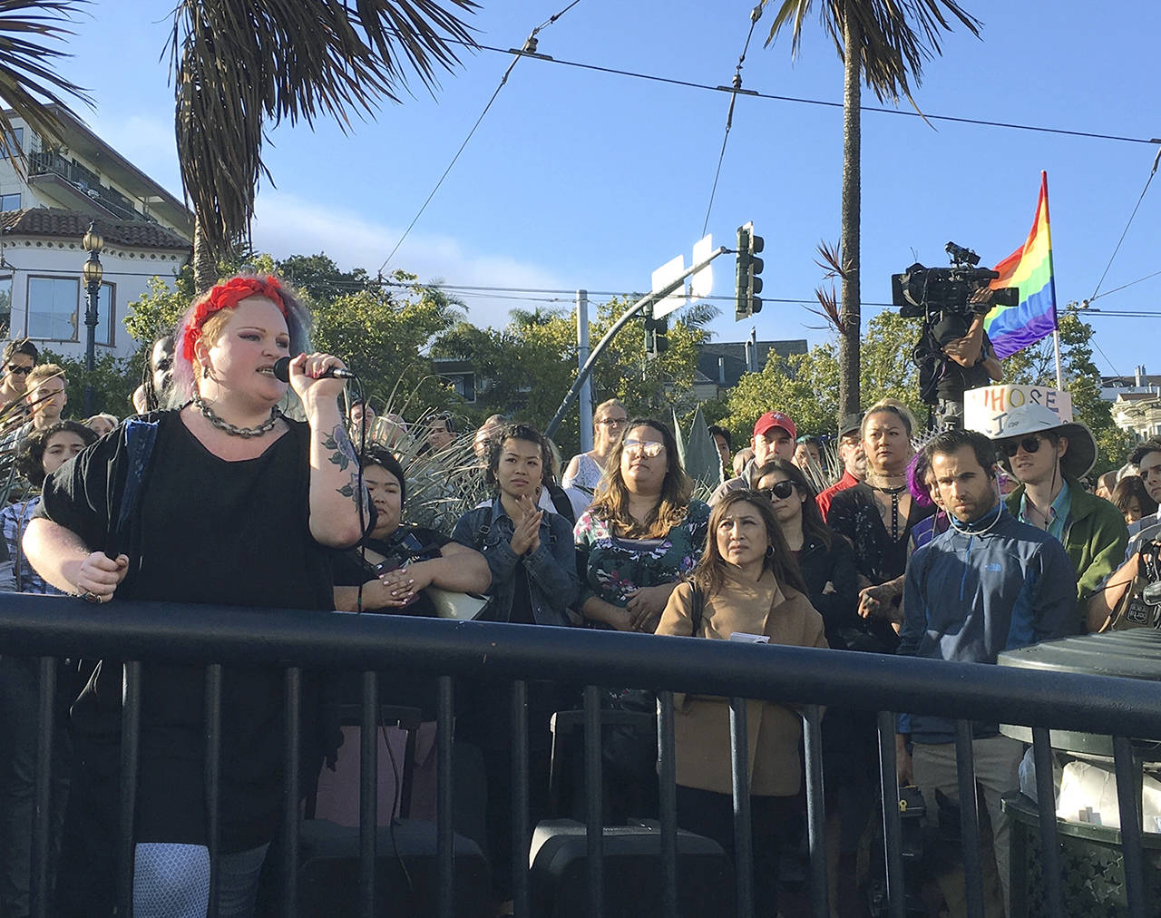 A transgender woman, who identified herself only as Layla, addresses protesters in the Castro District on San Francisco on Wednesday. (AP Photo/Olga R. Rodriguez)