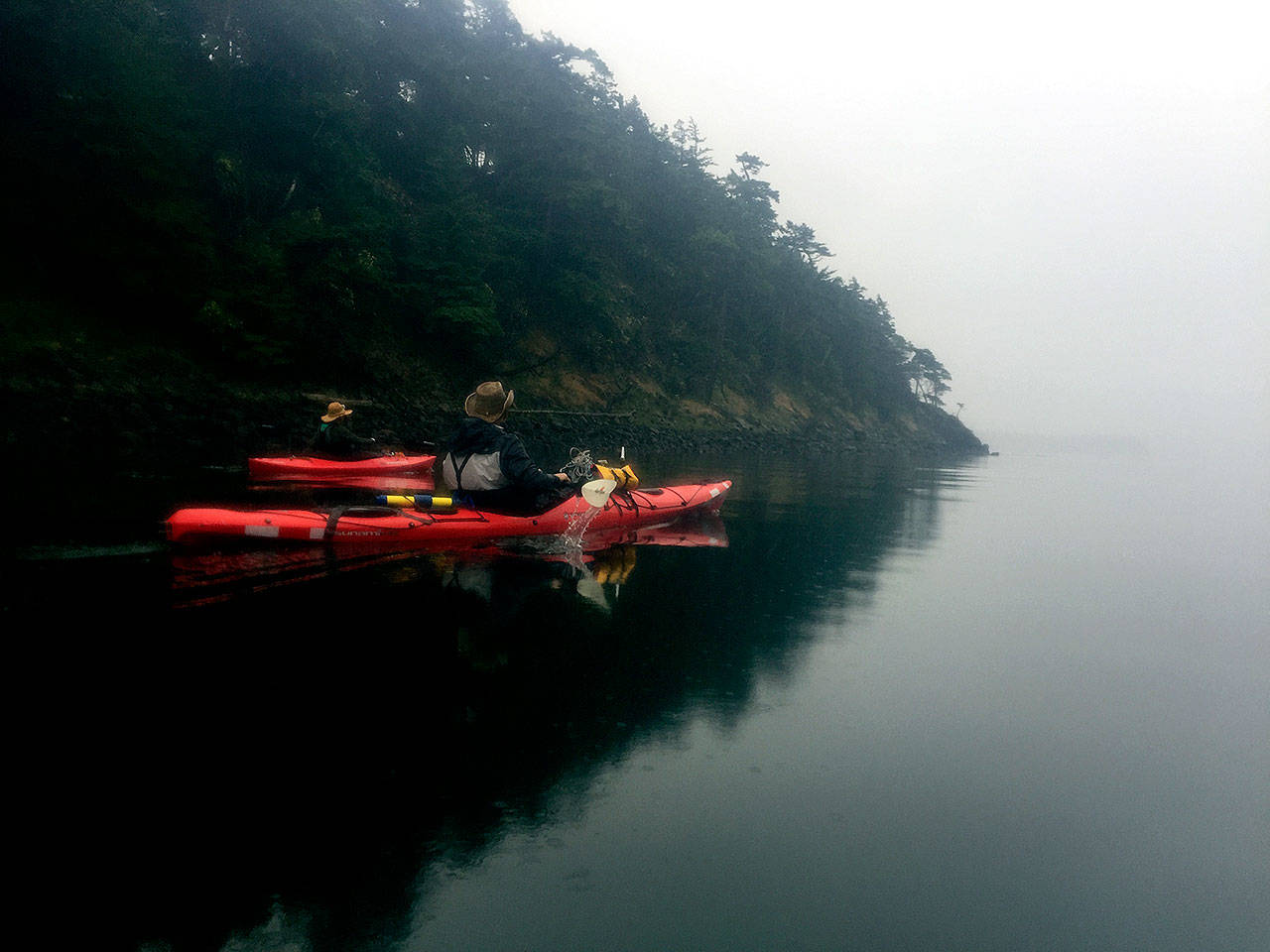 The author and his friends kayak through fog, leaving Cypress Head on the last day of their trip. (Aaron Swaney / For The Herald)
