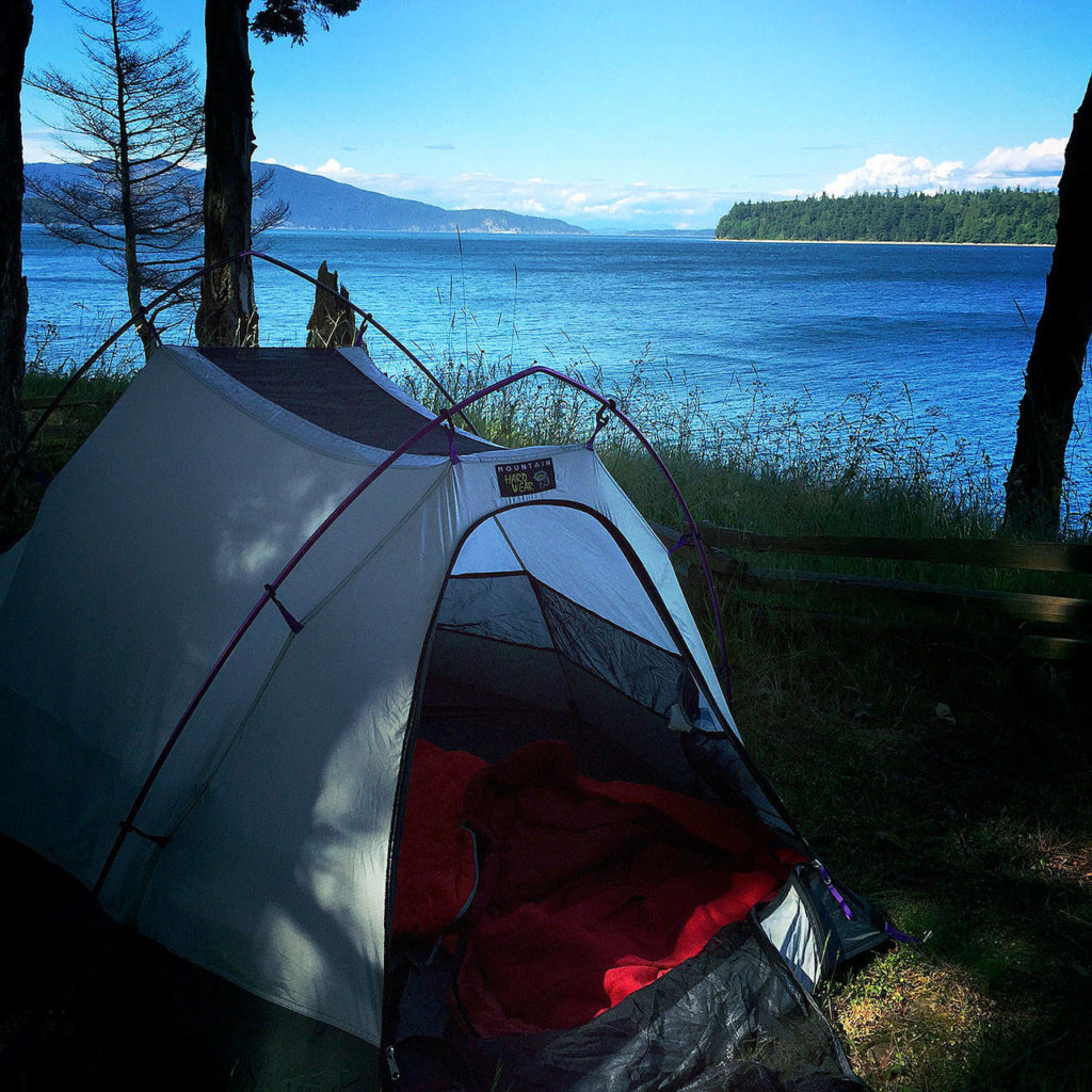 The author’s camping spot on the west side of Cypress Head looking out toward Guemes and Lummi islands. (Aaron Swaney / For The Herald)
