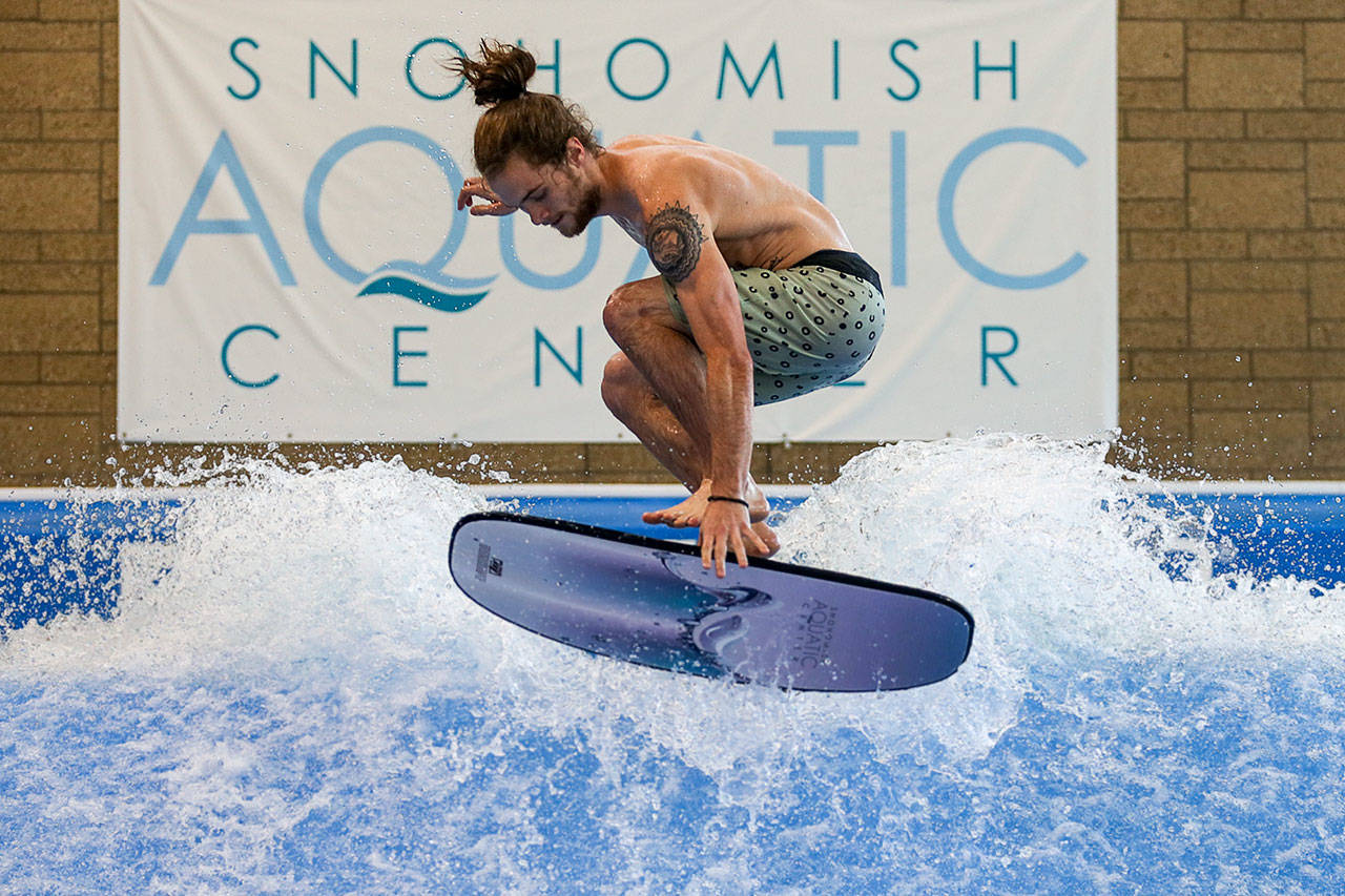 Scott Callens, a top FlowRider competitor on the USA Flow Tour, will compete in the pro-am event on July 29, 2017, at the Snohomish Aquatic Center. (Kevin Clark / The Herald)