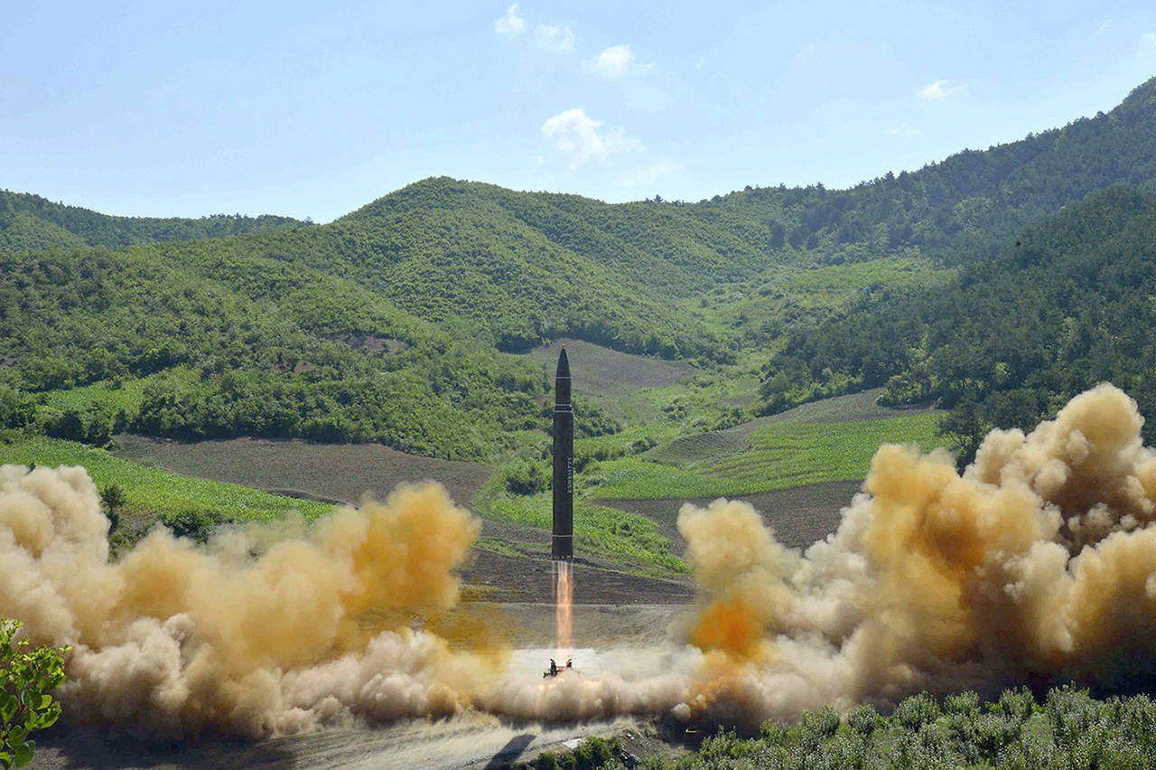 This July 4 photo distributed by the North Korean government shows what was said to be the launch of a Hwasong-14 intercontinental ballistic missile in North Korea. (Korean Central News Agency/Korea News Service via AP, File)