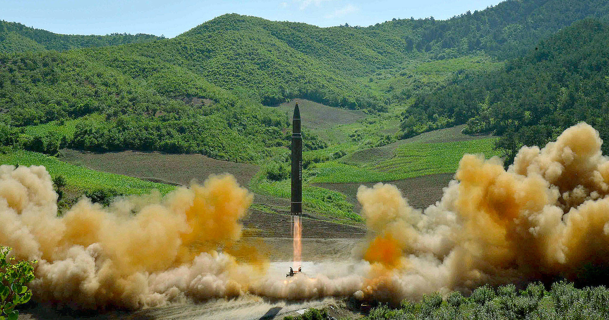 This photo distributed by the North Korean government shows what was said to be the launch of a Hwasong-14 intercontinental ballistic missile in North Korea’s northwest, on Tuesday. Independent journalists were not given access to cover the event depicted in this photo. (Korean Central News Agency/Korea News Service via AP)