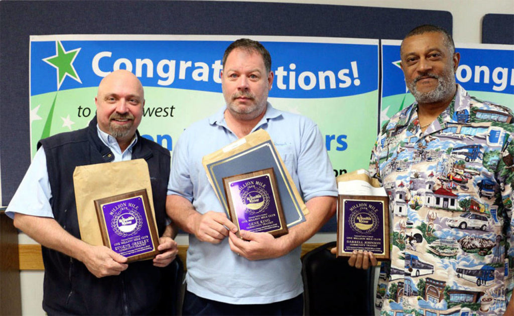 Community Transit drivers (from left) Eugene Greeley, Gene King and Darrell Johnson each reached 1 Million Mile Driver status. (Contributed photo)
