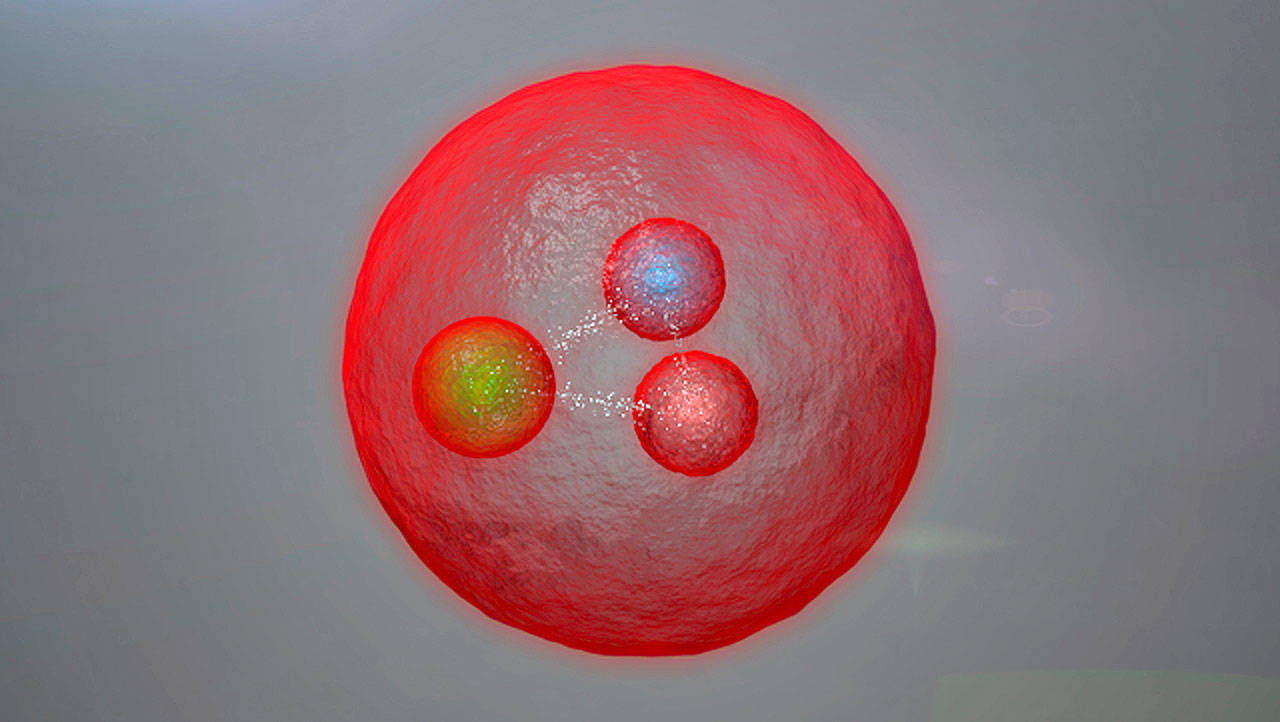 An artist’s conception of a new subatomic particle discovered at the Large Hadron Collider in Europe. It’s a long-theorized but never-before-seen type of baryon. Baryons are subatomic particles made of quarks. This particle is the first of its kind two have two heavy quarks, both a type called “charm.” (CERN via AP)
