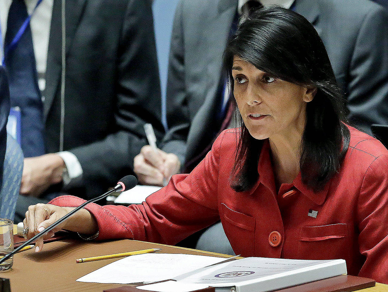 United States U.N. Ambassador Nikki Haley during United Nations Security Council meeting on North Korea’s latest launch of an intercontinental ballistic missile, at U.N. headquarters in New York. (AP Photo/Bebeto Matthews)