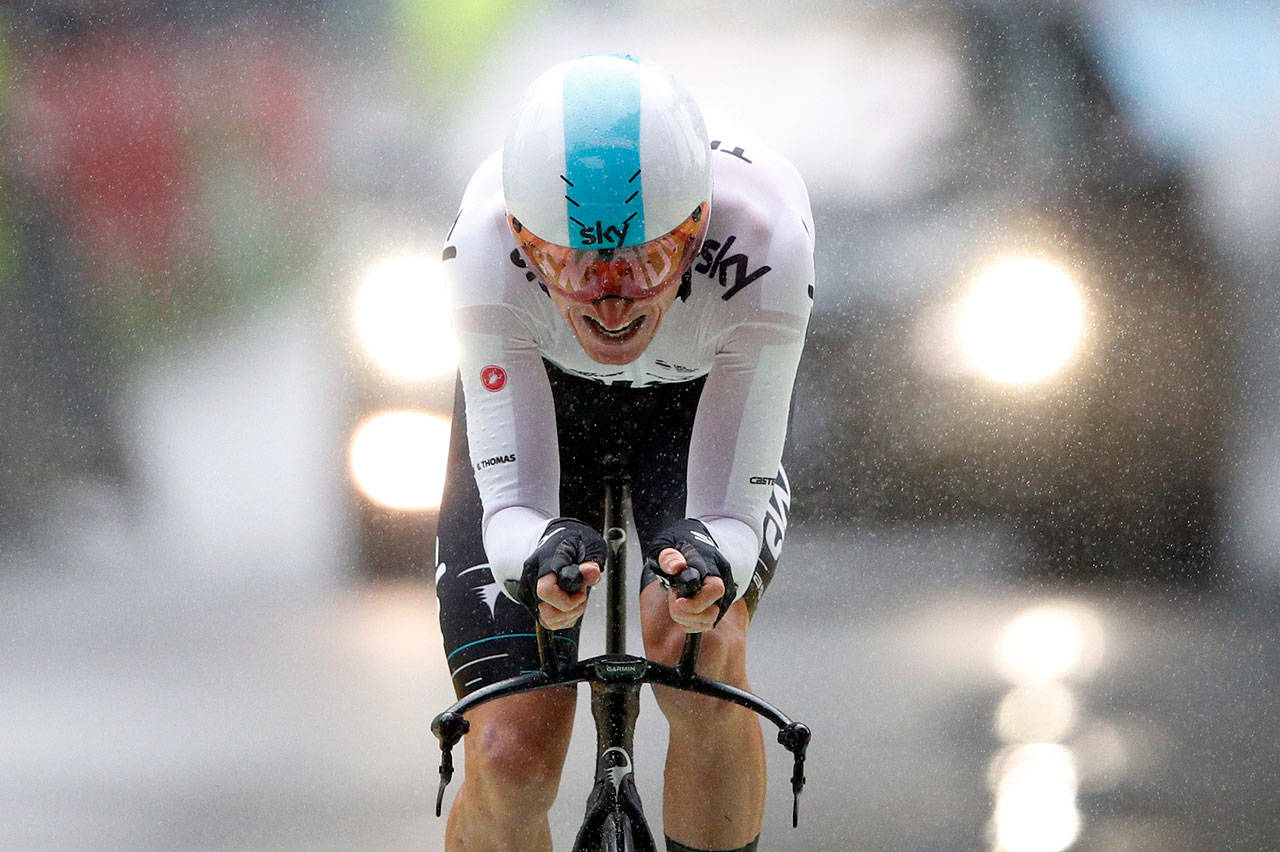 Britain’s Geraint Thomas crosses the finish line to win the first stage of the Tour de France on July 1, 2017, in Duesseldorf, Germany. (AP Photo/Christophe Ena)