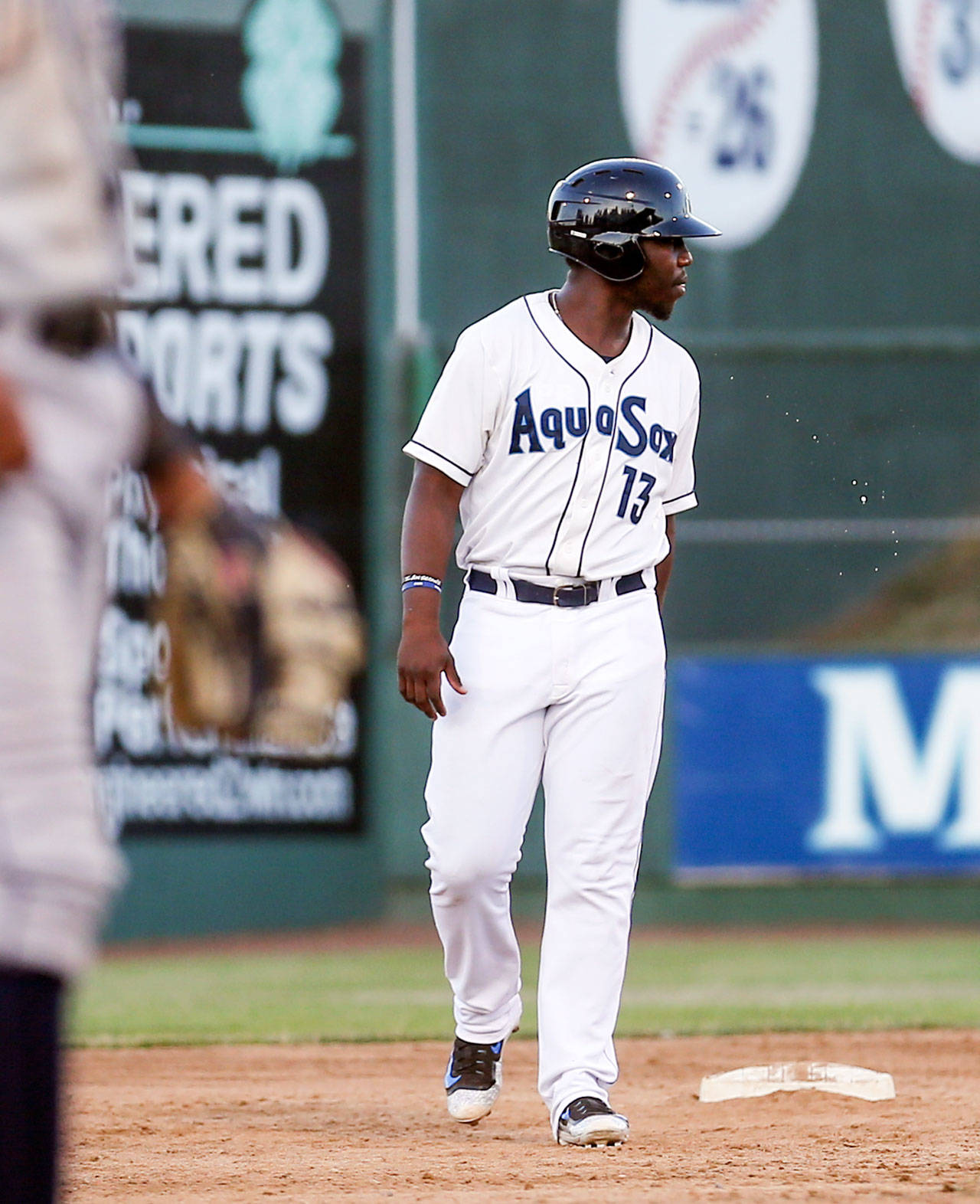 Greifer Andrade leads off from second base during a July 5 game in Everett. (Kevin Clark / The Herald)