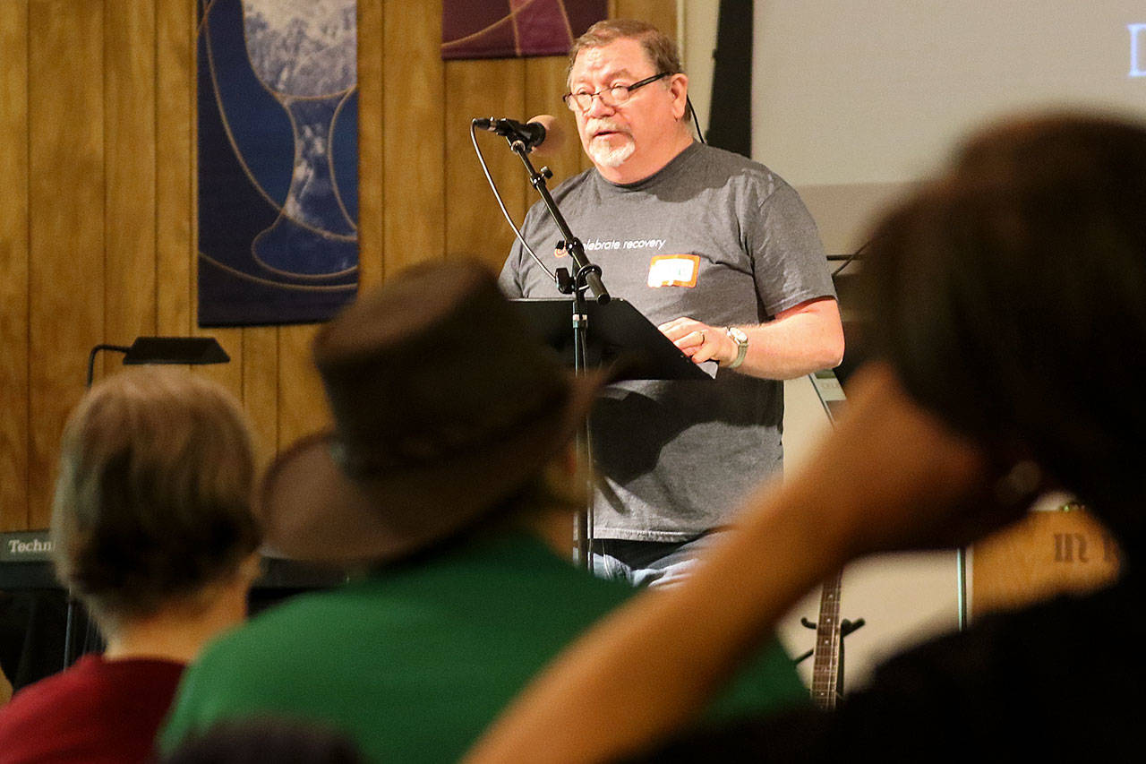 David Mackert shares his story during a Celebrate Recovery meeting at Snohomish Church of the Nazarene in Snohomish on June 18. (Kevin Clark / The Herald)