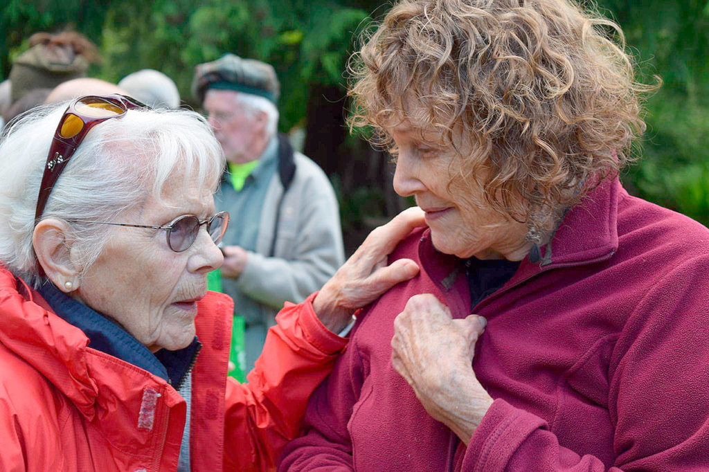 Irene Christofferson, 96, challenges her younger friend, Meg Noble Peterson, 89, to catch up with her at Peterson’s recent birthday celebration. (Patricia Guthrie/Whidbey News-Times)
