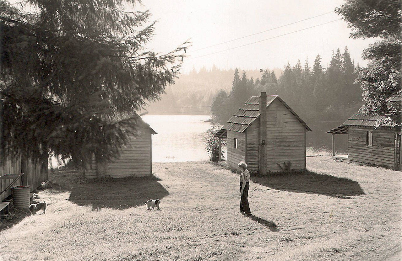 Anna Roesiger, wife of Richard Roesiger, near the lakefront cabins her husband built, taken around 1945. Courtesy of Granite Falls History Museum