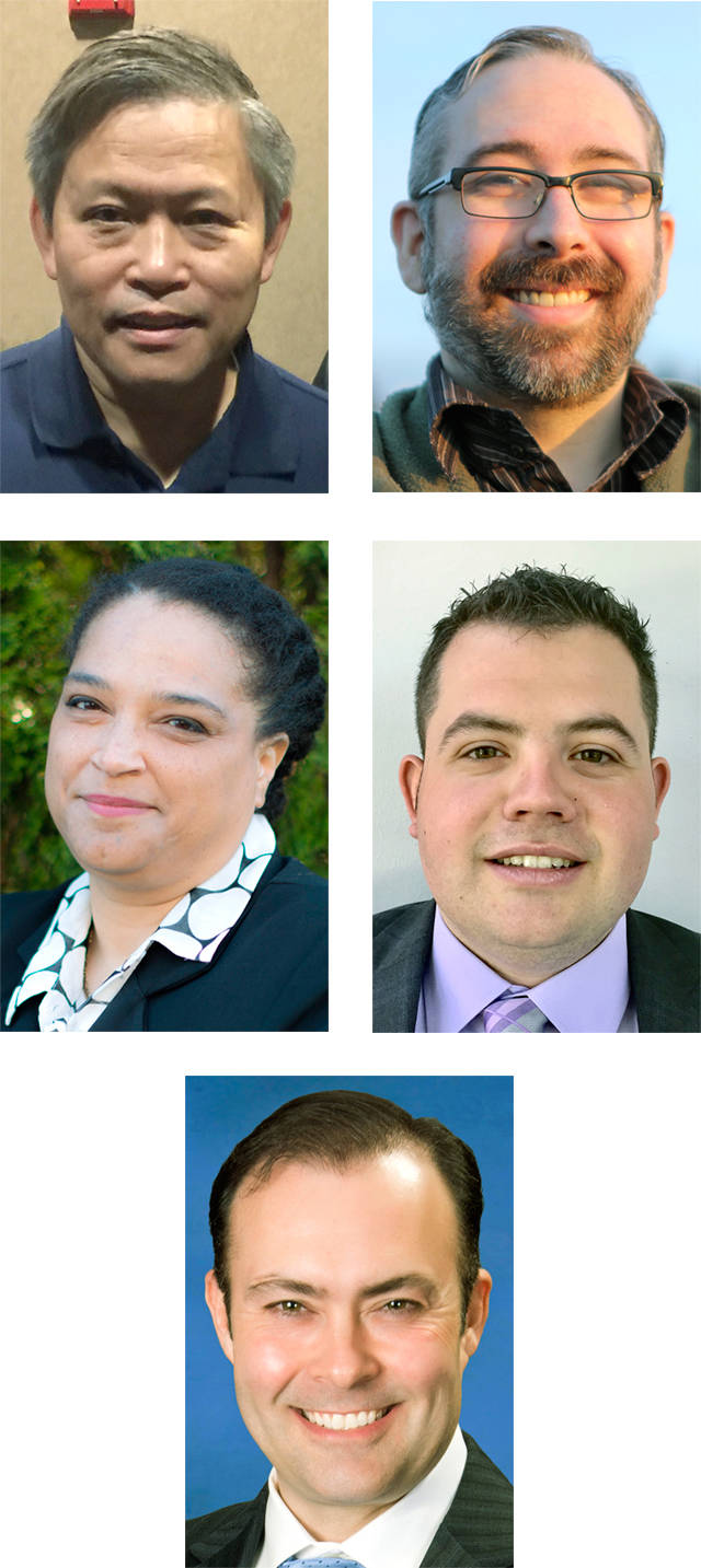 Candidates for commissioner of Fire District 1. Top row, from left: David Chan and P. Bret Chiafalo. Second row: Brandy Donaghy and Michael Ellis. Bottom: Brandon Richards.