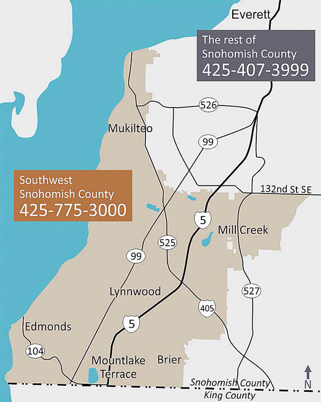 Non-emergency phone numbers for police and fire agencies in Snohomish County, for situations when someone needs a police officer or a firefighter but there is no immediate threat to life or property.