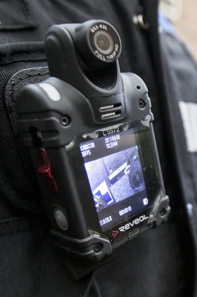 A Reveal RS2 body camera is seen at the Monroe Police Department. (Ian Terry / The Herald)
A Monroe Police Department Reveal RS2 body camera.
(Ian Terry / The Herald)
