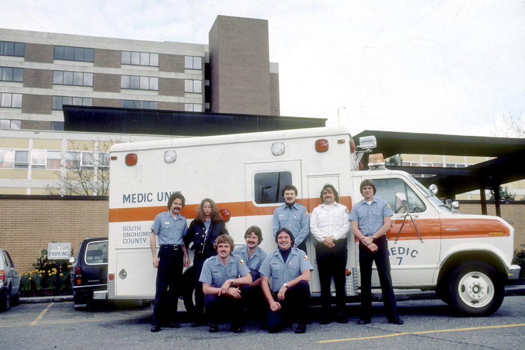 Snohomish County’s first group of paramedics started on the job in 1979 through an organization then known as Medic 7. Vincent Schweitzer is at far right in the bottom row. (Vincent Schweitzer)
