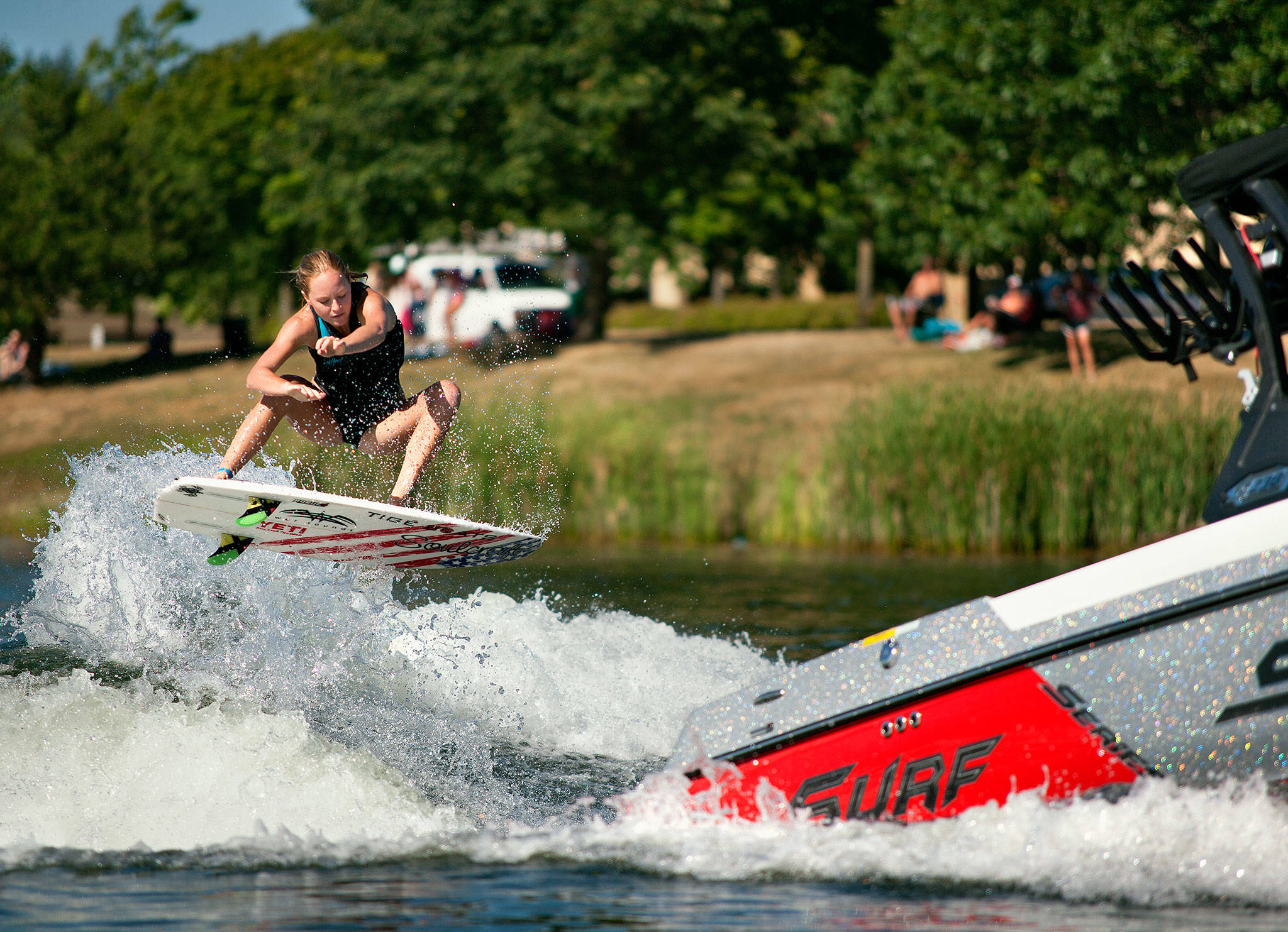 At the 2017 Northwest Wake Surf Open, held July 14-16 on Lake Tye in Monroe, about 95 amateur and professional wakesurfers of all ages competed for $10,000 in prize money. The event was sponsored by INT League. (Courtesy INT League/Photo by Burton B. Cooper)