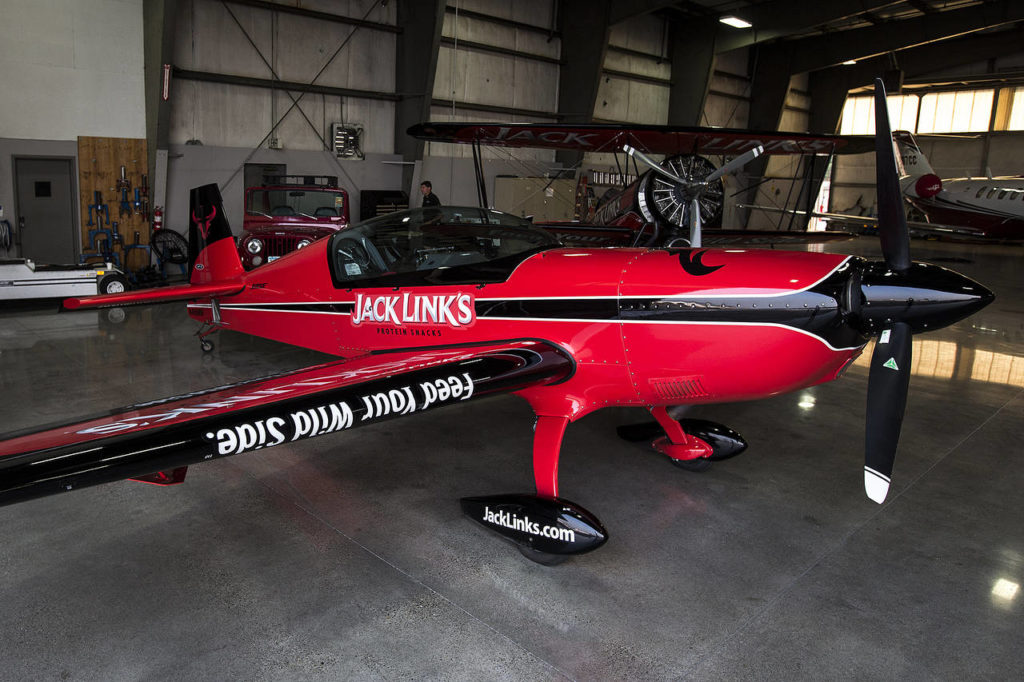 The Jack Link’s Extra 300L aerobatic plane is seen at Boeing Field in Seattle on Thursday, Aug. 3. (Ian Terry / The Herald)

