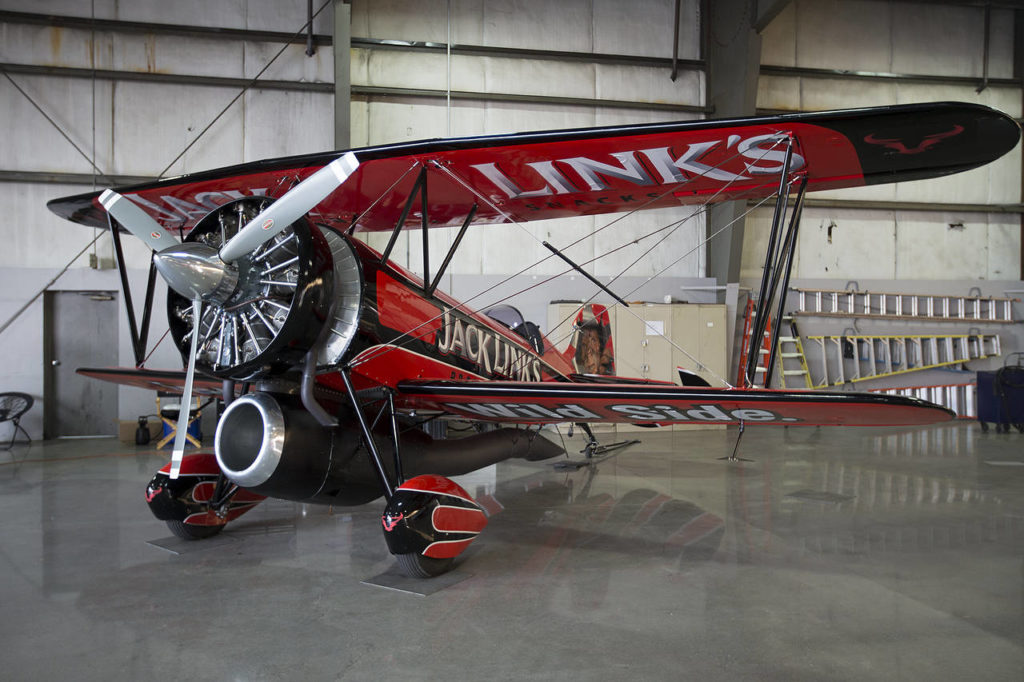 The Jack Link’s “Screamin’ Sasquatch” Jet Waco biplane is seen at Boeing Field in Seattle on Thursday, Aug. 3. (Ian Terry / The Herald)
