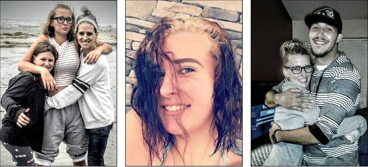 Mikayla Sorenson (center); with her mom, Michele Johnson, and sister Mikenzie (left); and with her stepfather, Marques Johnson (right).