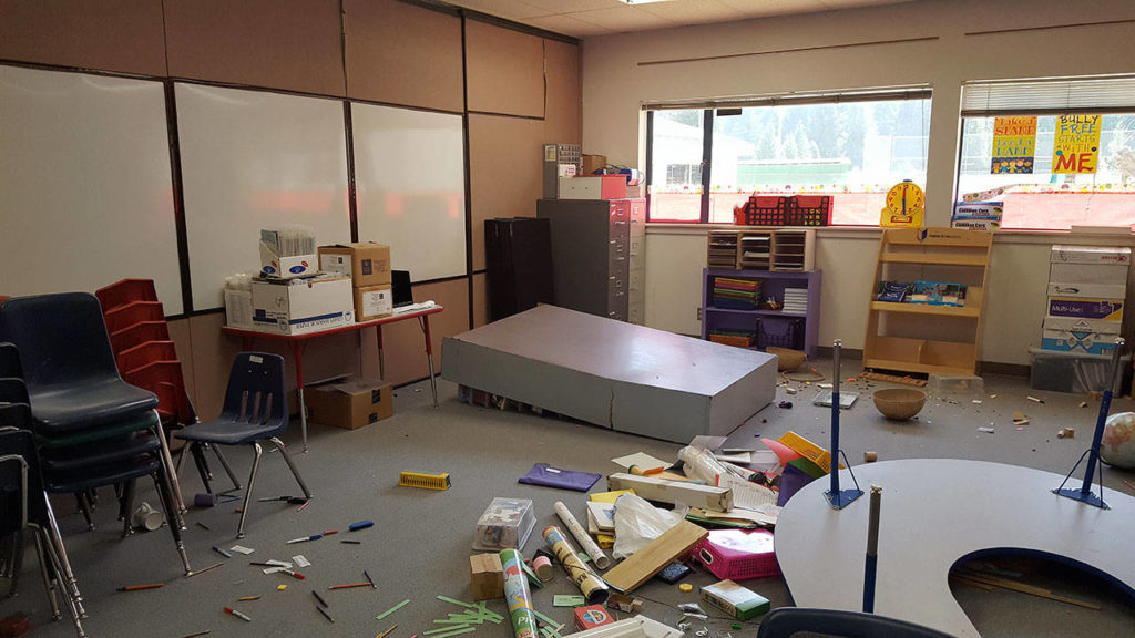 Vandals broke into Darrington schools over the weekend. They caused hundreds of thousands of dollars in damages at the elementary school, and lesser damage at the high school. Nearly every interior window in Darrington Elementary was shattered. There was flooding, graffiti and discharged fire extinguishers. (Courtesy of Darrington School District)
