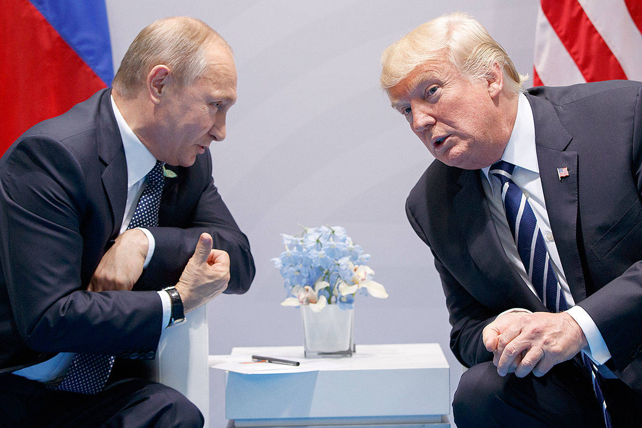 President Donald Trump meets with Russian President Vladimir Putin in Hamburg, Germany, in July. (AP Photo/Evan Vucci)