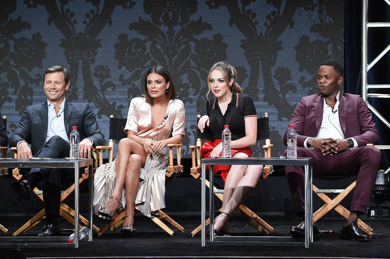 Grant Show (from left,) Nathalie Kelley, Elizabeth Gillies and Sam Adegoke participate in the “Dynasty” panel during The CW portion of the 2017 Summer TCA’s at the Beverly Hilton Hotel on Wednesday in Beverly Hills, California. (Photo by Richard Shotwell / Invision)
