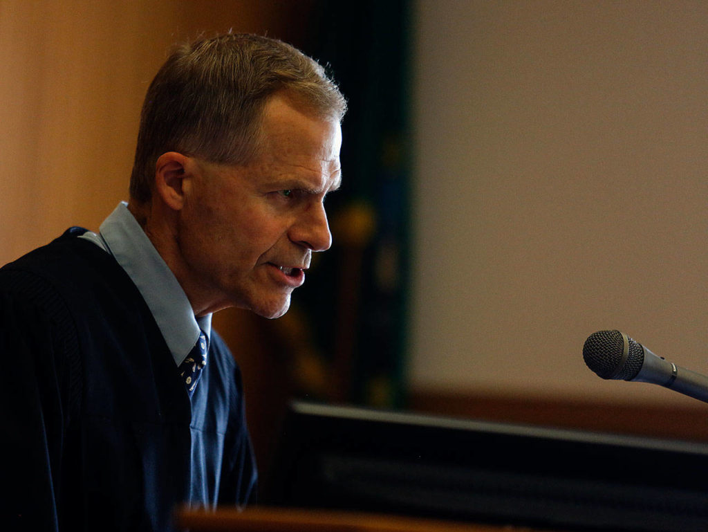 Superior Court Judge David Kurtz tells convicted murderer John Derosia that he will spend the rest of his life in prison, and that it is what he deserves. (Dan Bates / The Herald)
