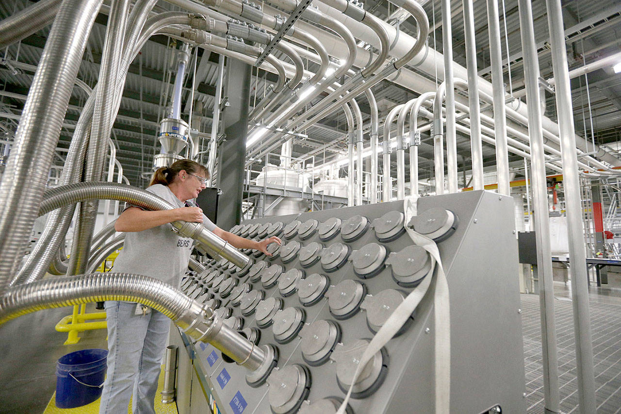 In this 2016, photo, Susan Stacy moves a tube to sort recycled plastic bottle chips being processed at the Repreve Bottle Processing Center, part of the Unifi textile company in Yadkinville, North Carolina. (AP Photo/Chuck Burton, File)