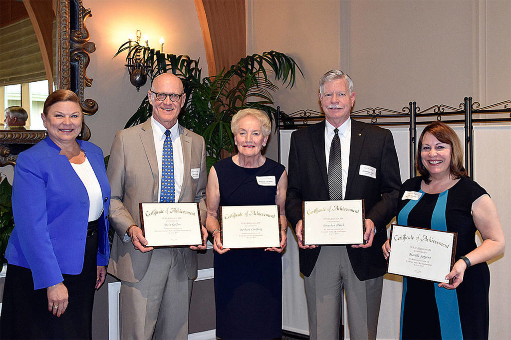 Washington Association of School Administrators honors went to (from left) Edmonds School District Superintendent Kris McDuffy, Lynnwood High School Principal Dave Golden, and Rotary Club of Lynnwood’s Barbara Lindberg, Jonathan Hatch and Marilla Sargent. (Contributed photo)
