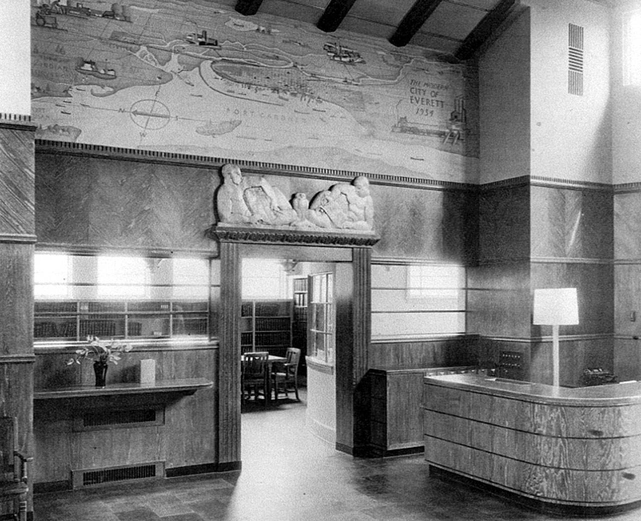 The original Everett Library lobby shows the south-facing mural, in 1934. (J. A. Juleen photo)