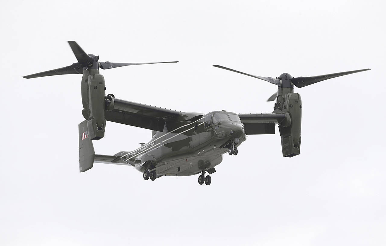 In this 2015 photo, a Marine Corps MV-22 Osprey comes in for a landing at Miami International Airport before a presidential visit in Miami. (AP Photo/Wilfredo Lee)