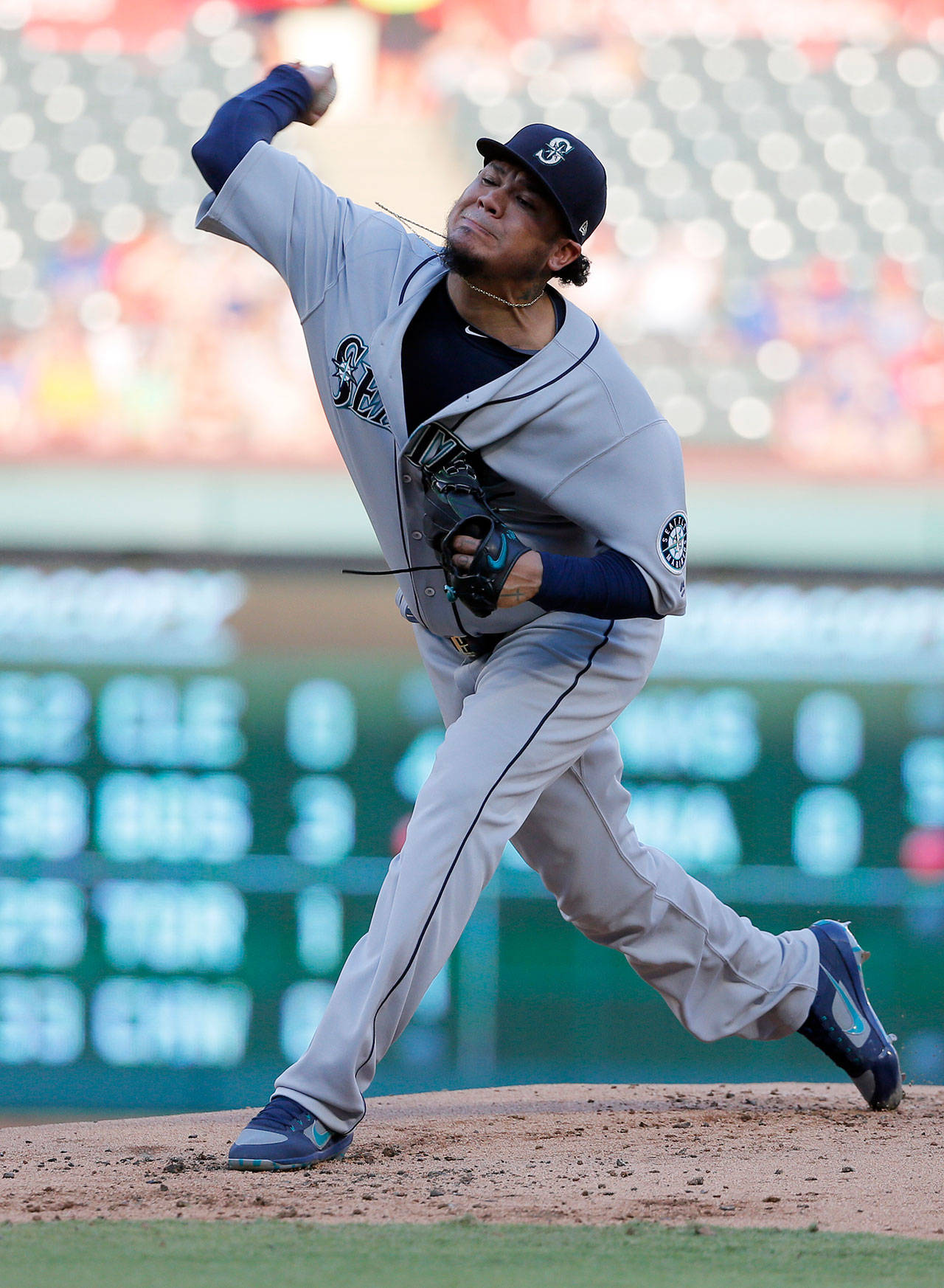 Seattle’s Felix Hernandez throws a pitch in the first inning of a July 31 game in Arlington, Texas. (AP Photo/Tony Gutierrez)