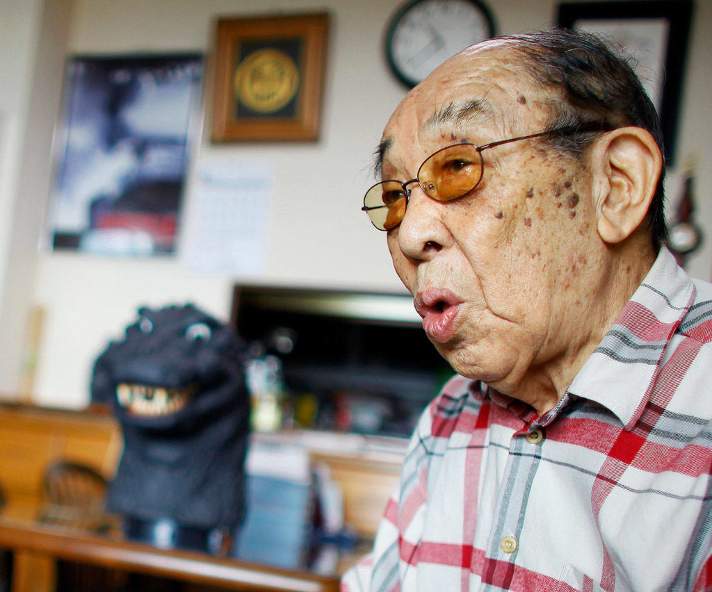 Original Godzilla-suit actor Haruo Nakajima in 2014. He died on Monday at 88. (AP Photo/Junji Kurokawa, File) 
