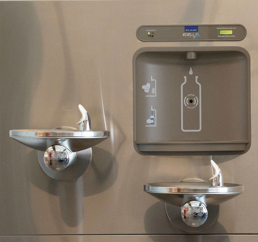 The new WSU campus in Everett is built with conveniences that students at other campuses use including water fountains built to refill personal water bottles. (Andy Bronson / The Herald)
