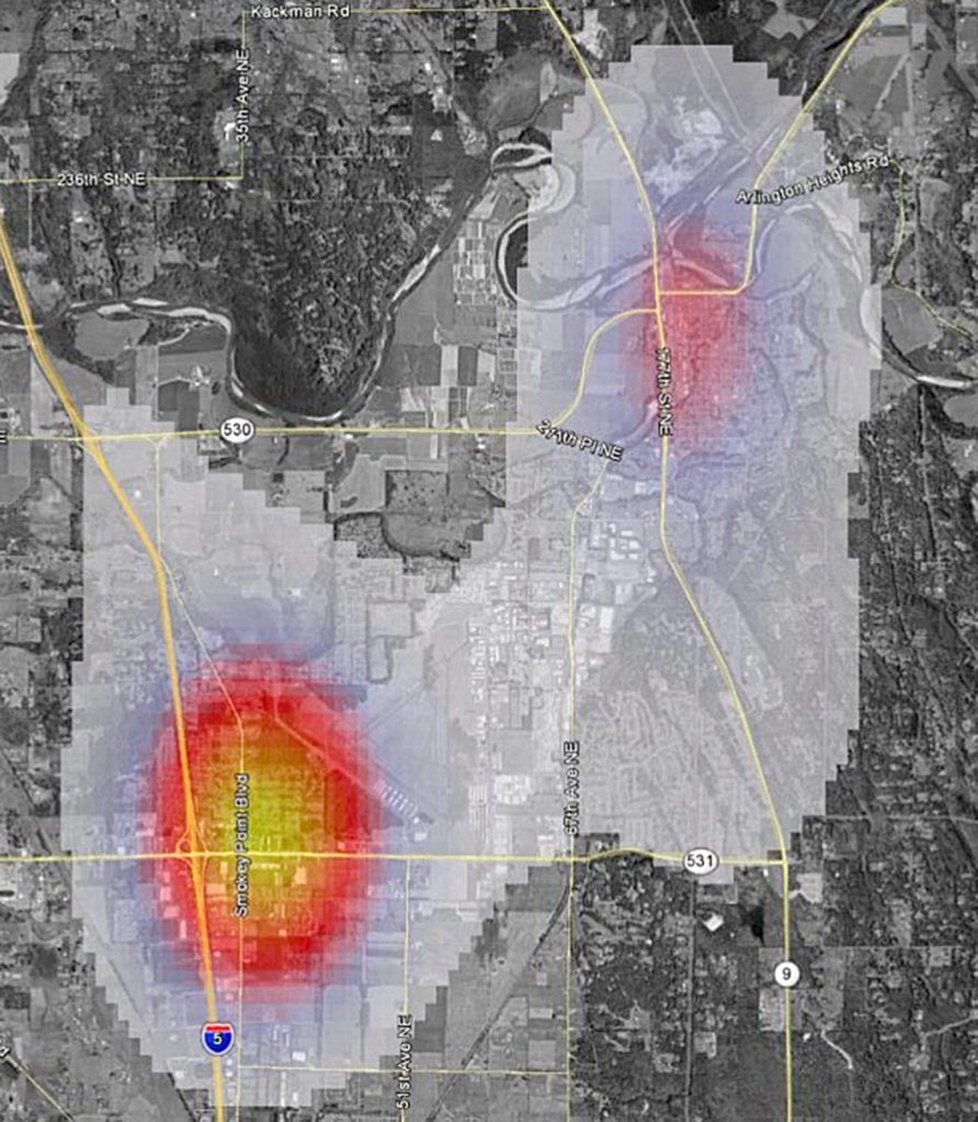 A “heat map” shows the concentration of drug-related crimes in Arlington. The highest concentration is in Smokey Point. (city of Arlington)
