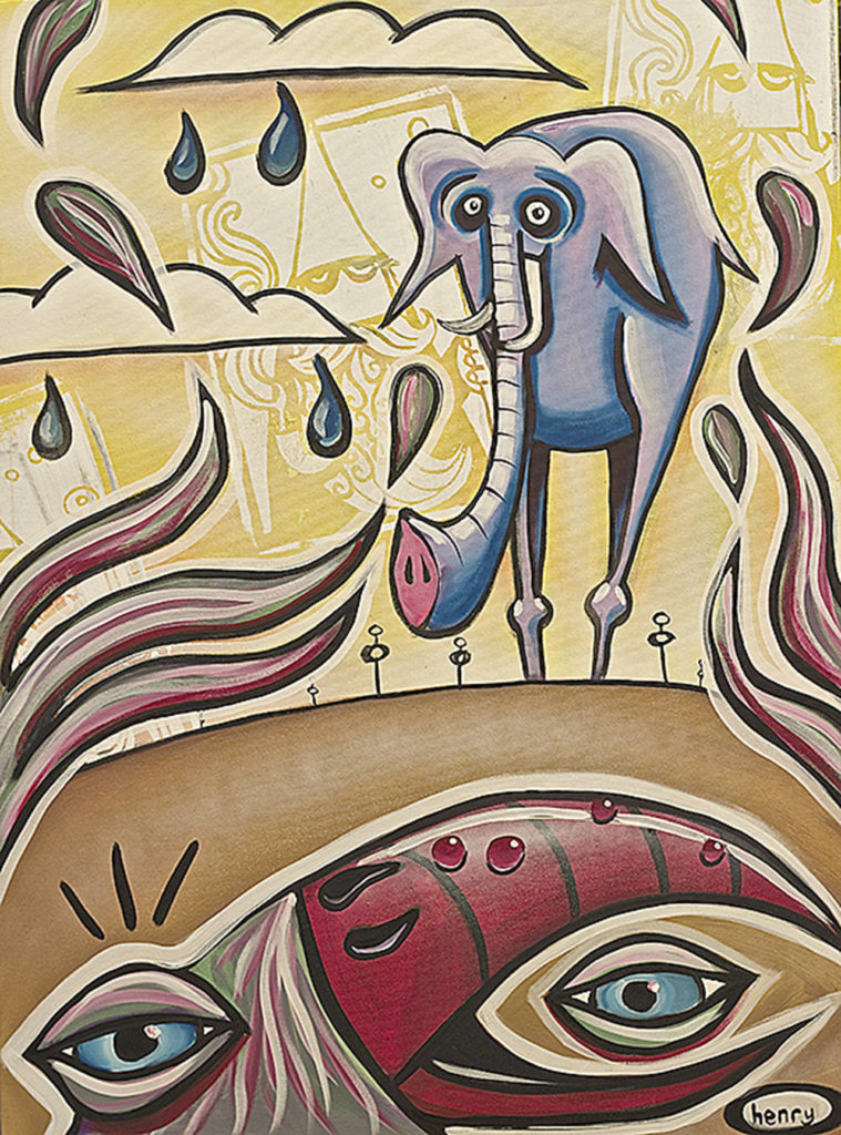 “Bird Eye Elephant” is one of Henry’s paintings to be displayed at Black Lab Gallery beginning Thursday evening at Black Lab Gallery in Everett.
