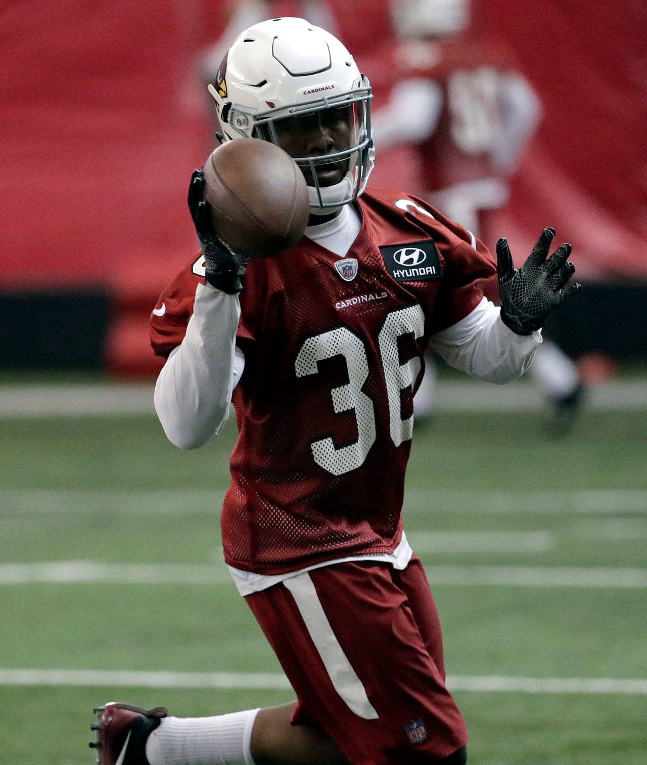 Cardinals second round draft pick Budda Baker (36), a former star at the University of Washington, works out during rookie minicamp May 12, 2017, in Tempe, Ariz. (AP Photo/Matt York)
