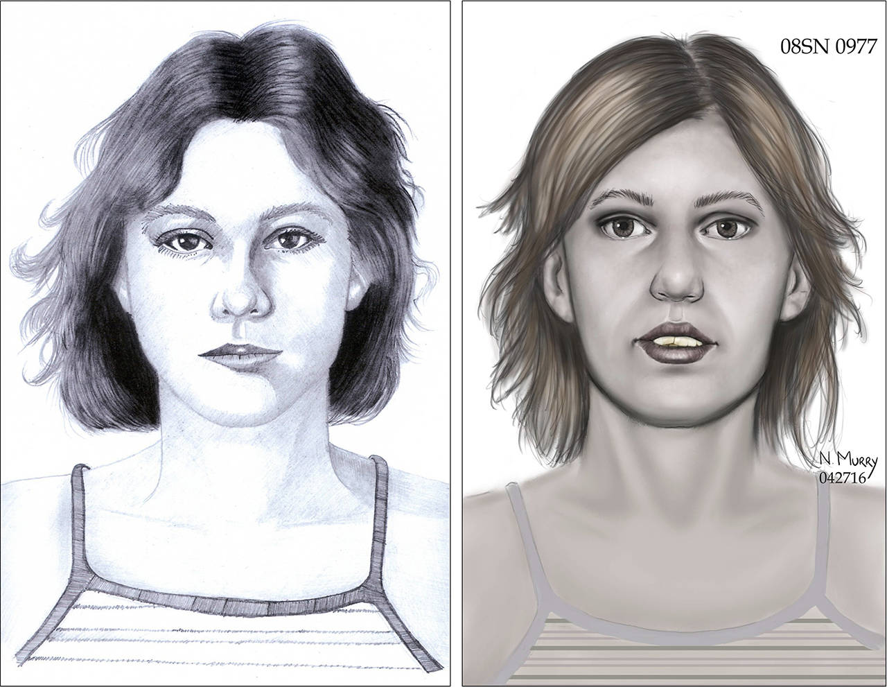 Berry pickers came across this young woman’s body on Aug. 14, 1977, in a wooded area in south Everett. The sketch on the left was drawn by John Hinds in 2008. The sketch on the right was drawn by Natalie Murry in 2016. Both are based on reconstruction of the unidentified woman’s skull. (Snohomish County Sheriff’s Office)
