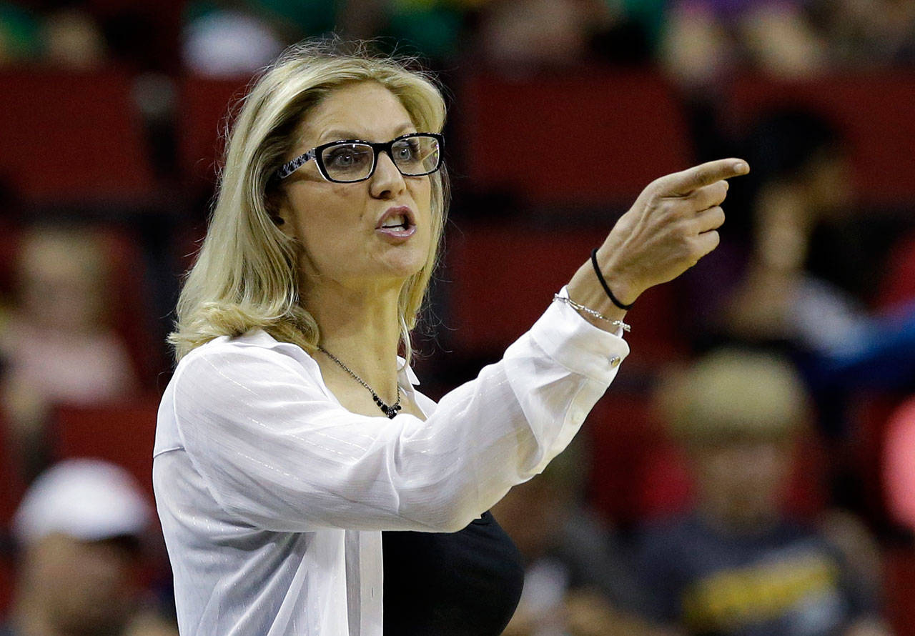 Storm head coach Jenny Boucek gestures during a WNBA game against the Sun on July 12, 2017, in Seattle. (AP Photo/Elaine Thompson)