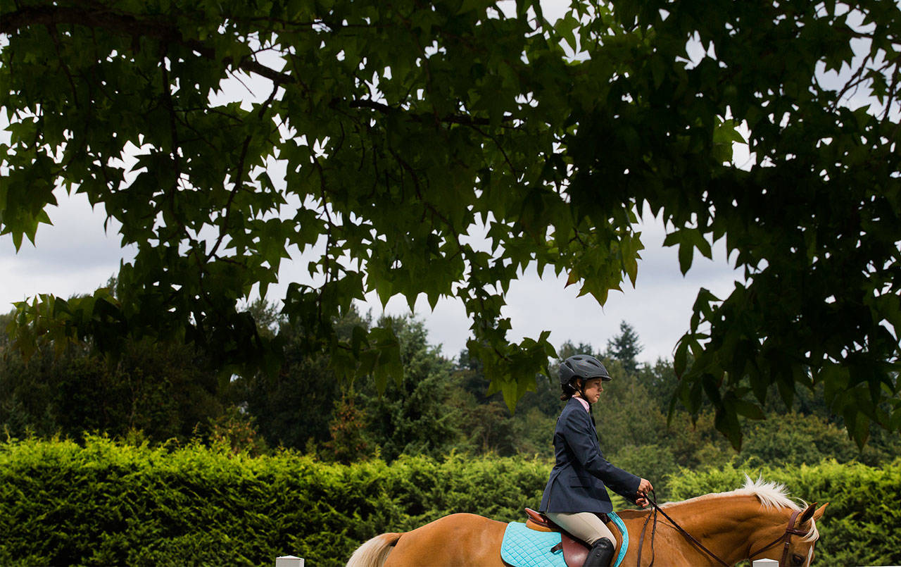 Lindsey Sweet rides her paint horse, Callie, in the arena before competing in the hunt seat division on opening day of the 2017 Evergreen State Fair on Thursday in Monroe. (Andy Bronson / The Herald)