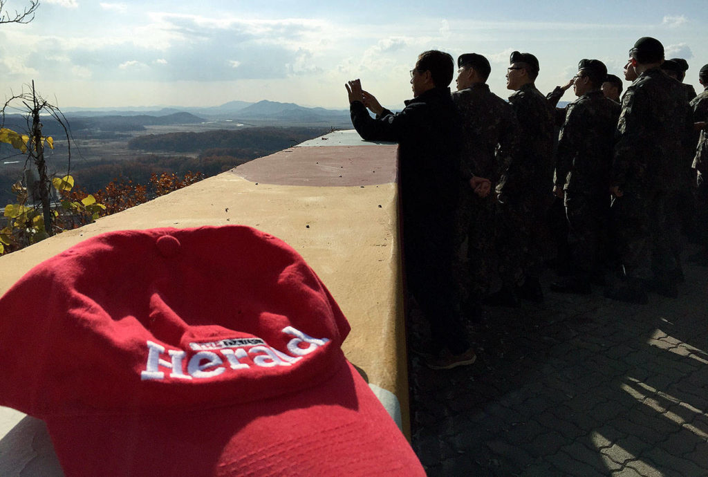 Dora Observatory looks across the Demilitarized Zone and into North Korea, with mounted binoculars for better viewing. It is a popular spot for tourists, including soldiers and reporters. (Andrea Brown / The Herald)
