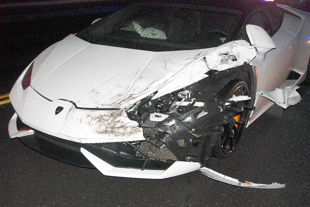 This Lamborghini was damaged in an accident in Edmonds after a police chase. The driver and a passenger were arrested. (Edmonds Police Department)