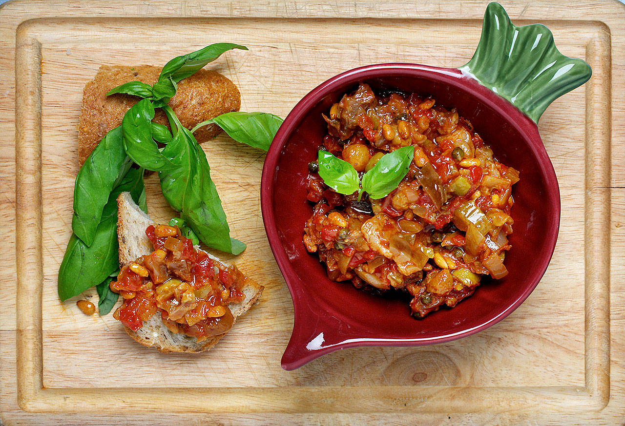 Serve slow cooker caponata at room temperature with crostini as an appetizer, spooned onto sandwiches, tossed into pasta or as part of an antipasti spread. (Photo by Deb Lindsey for The Washington Post)